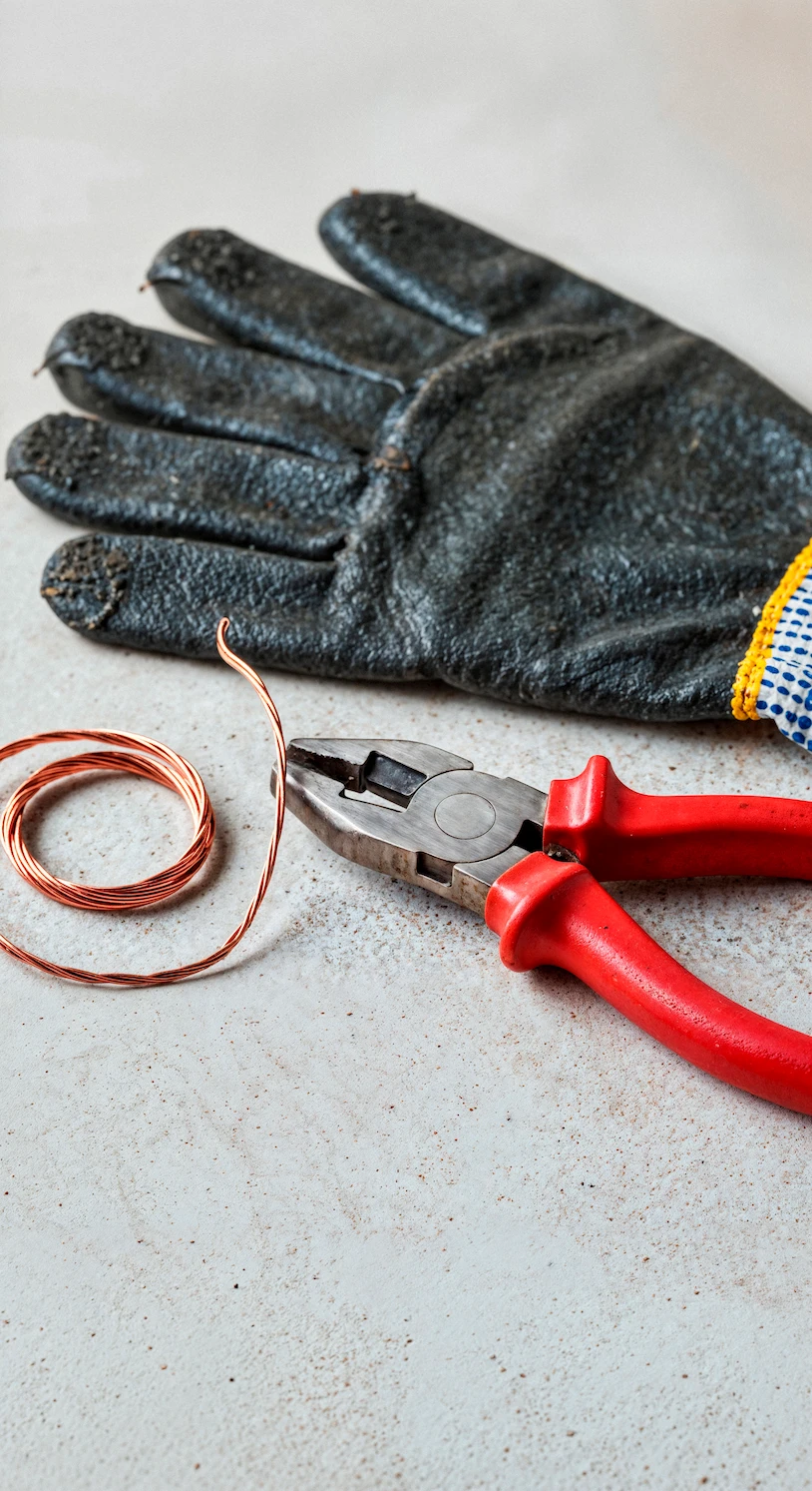Outils d'électricien : gant de chantier, bobine de fil de cuivre et pince — savoir-faire Renobat à Sion.
